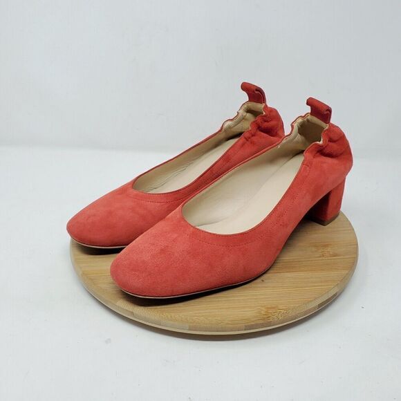 Everlane The Day Heel Womens 6 Red Suede Elastic Back Block Pump Shoes Italy - Picture 2 of 12